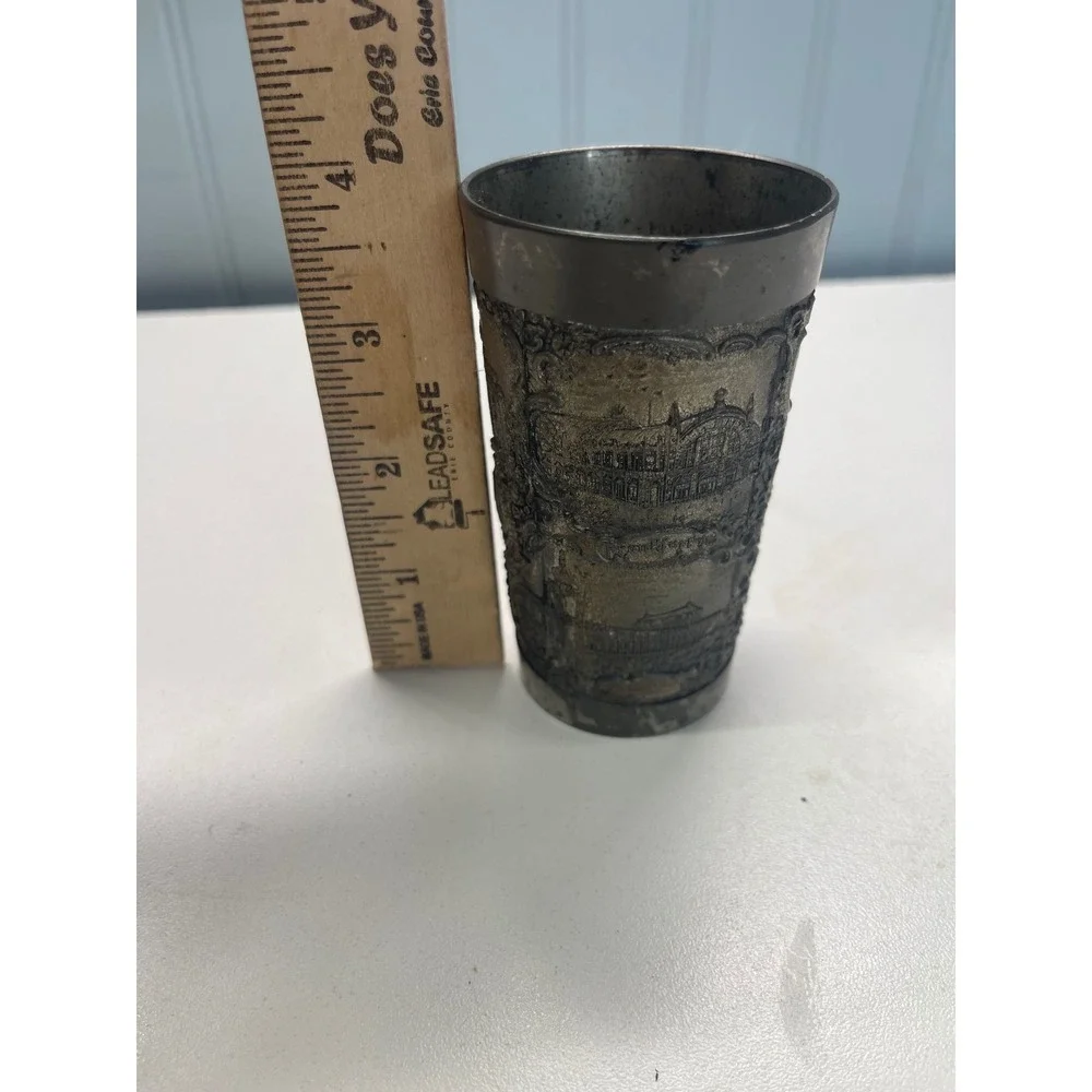 Antique Etched Metal Goblet Cup‎ European Cityscape Scene Collectible Souvenir